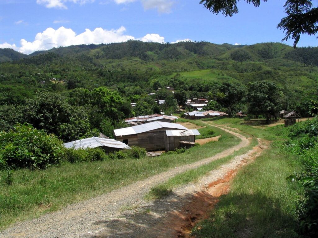 Trano hazo kely misy tafo vy manjelanjelatra eo amin'ny masoandro, dia misy lalan - tany tery izay mikoriana eny amin'ny tehezan - kavoana. Ny havoana manodidina dia tena maitso.